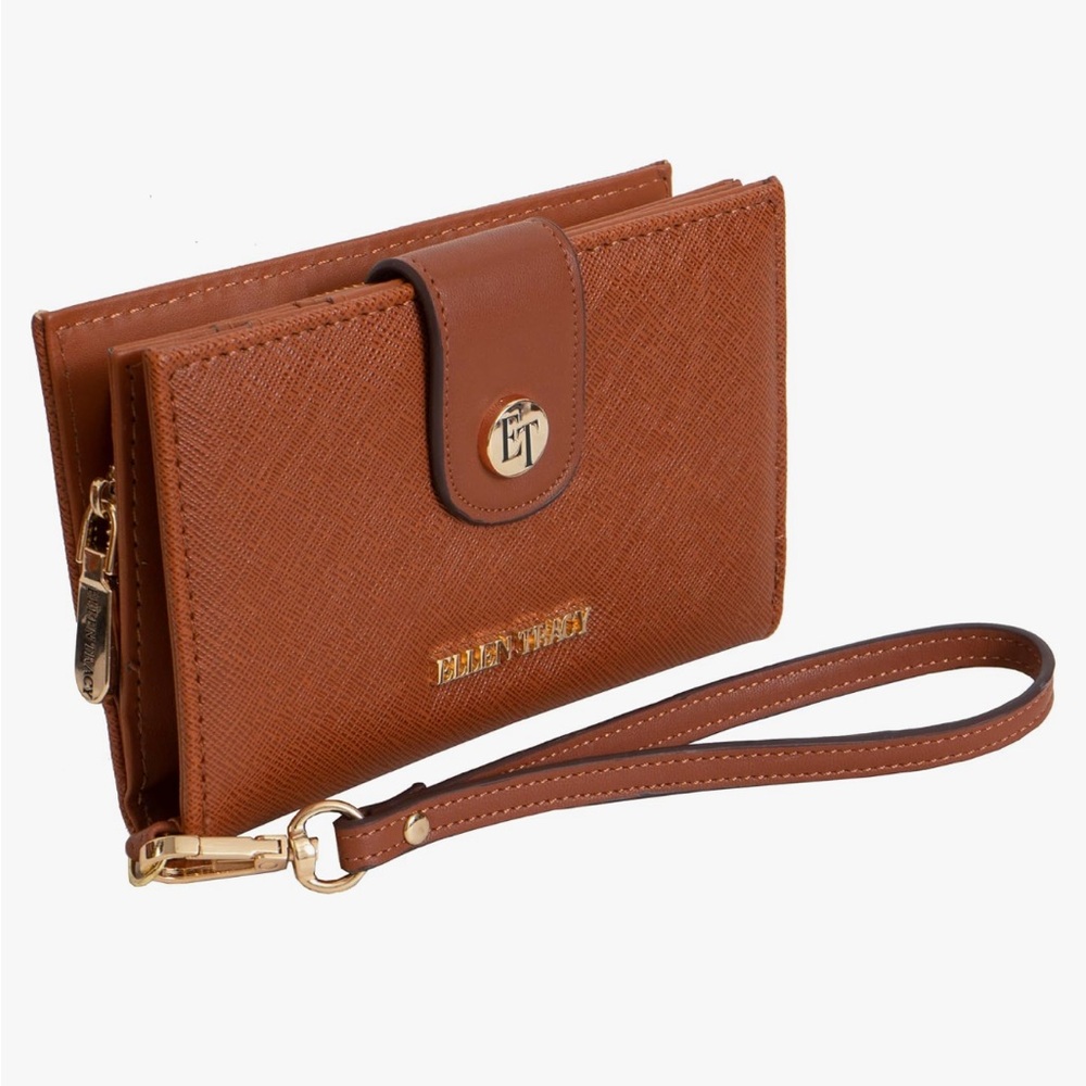 Ellen Tracy nwt Saffiano Zip Around Indexer Wallet wristlet in cognac